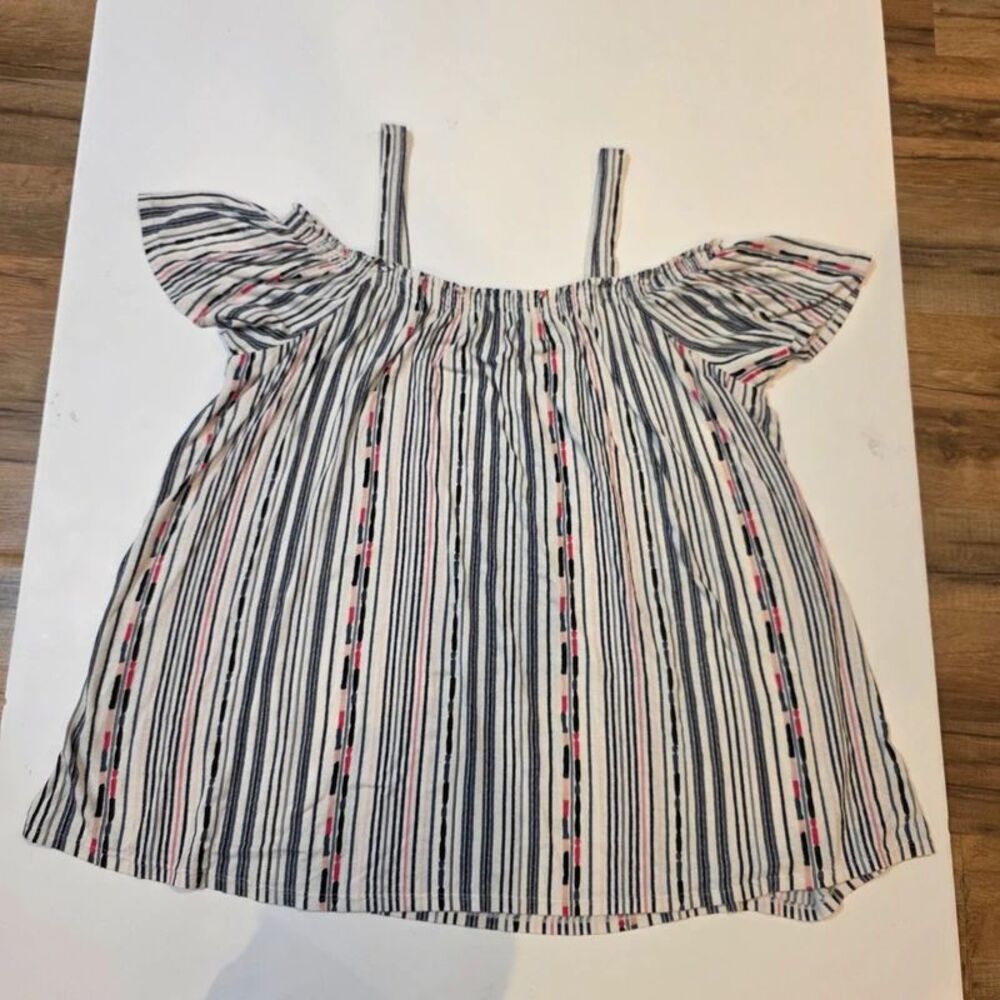 Women’s XL Striped Peasant Top White Navy Coastal Nautical Boho Summer Flowy